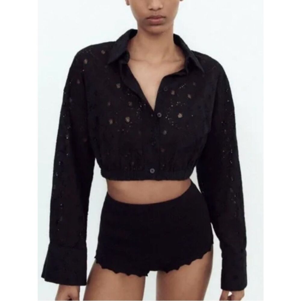 Zara Black Embroidery Eyelet Crop Button Down Top(Size XS)
